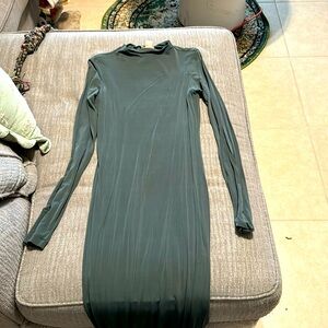 Long sleeve mock neck, dress, and sage green